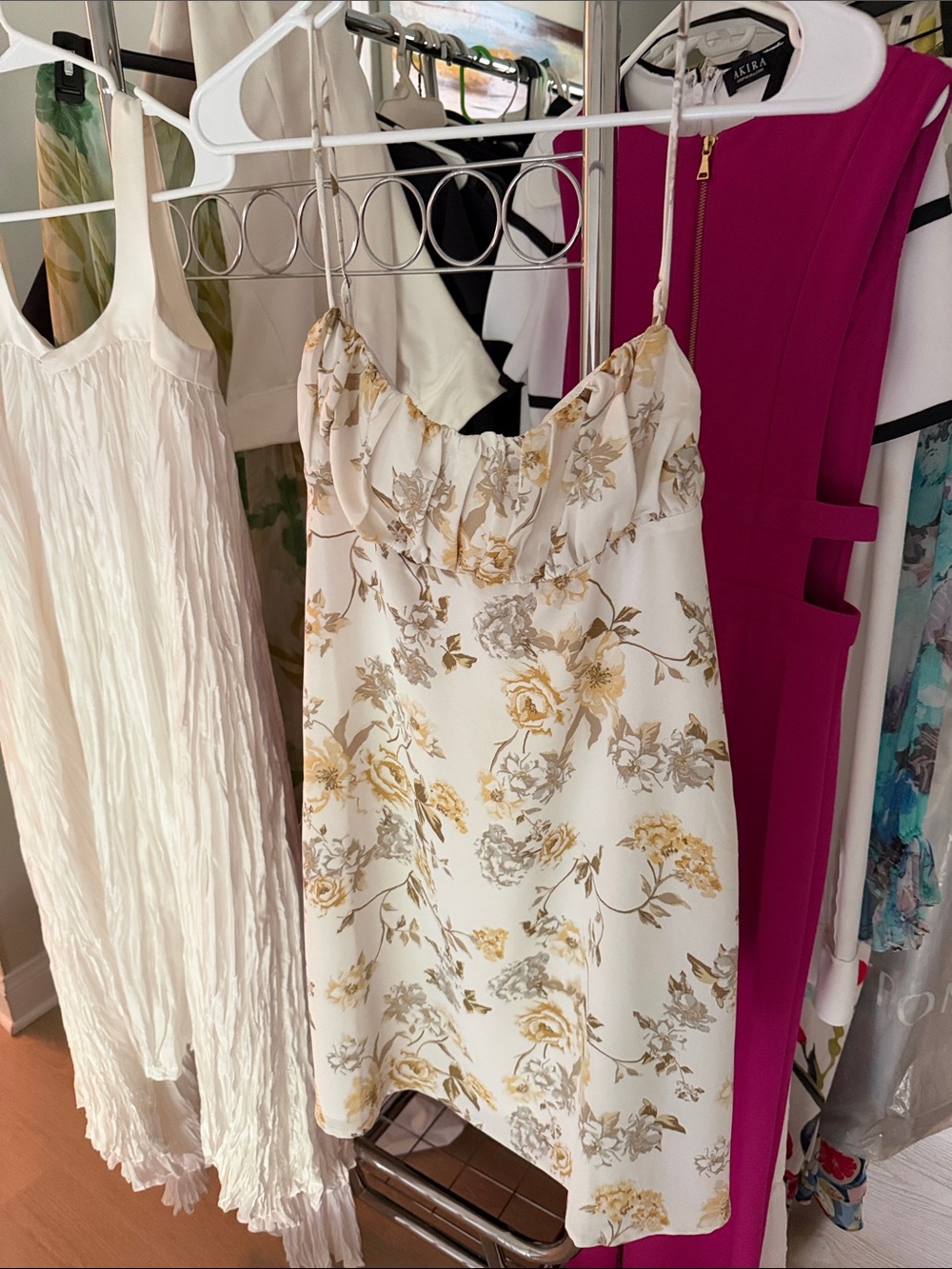 Urban Outfitters White Floral Mini Dress with Gold Print